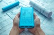 © gearstd - A pair of human hands holding a vivid blue power bank above architectural blueprint papers