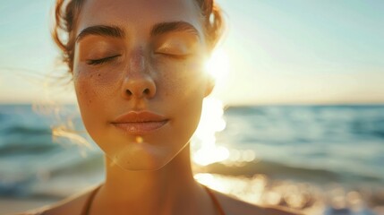 Wall Mural - A closeup of a womans face with her eyelashes highlighted by the sunset, her eyes closed in happiness. The sky is filled with clouds and backlighting, giving a tranquil dusk atmosphere AIG50