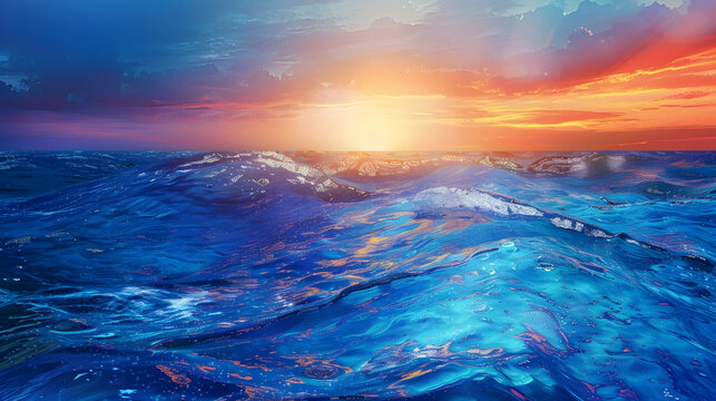 Blue undulating sea under a bright sunset sky abstract background