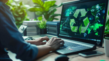 A green business company with an environmentally friendly waste management regulatory concept. A businessman uses a computer to analyze and plan waste recycling for a corporation. 
