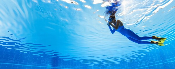 Low angle view of a female swimmer diving into clear blue swimming pool water, seen from underwater