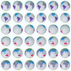 Poster - Collection of globes. Normal sphere view. Rotation step 10 degrees. Colored continents style. World map with graticule lines on lightness background. Decent vector illustration.