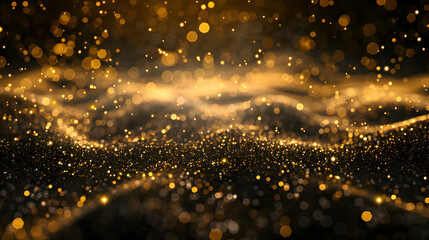 Shining golden floor particle stars dust with gold particles on black abstract background