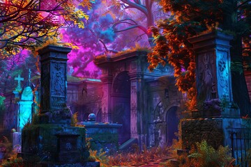 Poster - Ethereal and otherworldly enchanted twilight cemetery with vibrant and colorful foliage. Old tombstones. And ghostly trees in a mystical and magical atmosphere