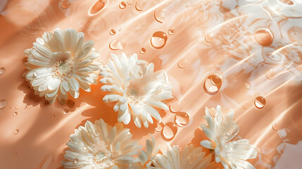 Wall Mural - White Gerbera petals flowers on peach water surface with drops, clean water with reflecting sunlight and shadows