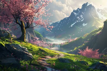 Canvas Print - Digital art of a magical valley with pink blossoms, mountains, and a serene stream at sunrise