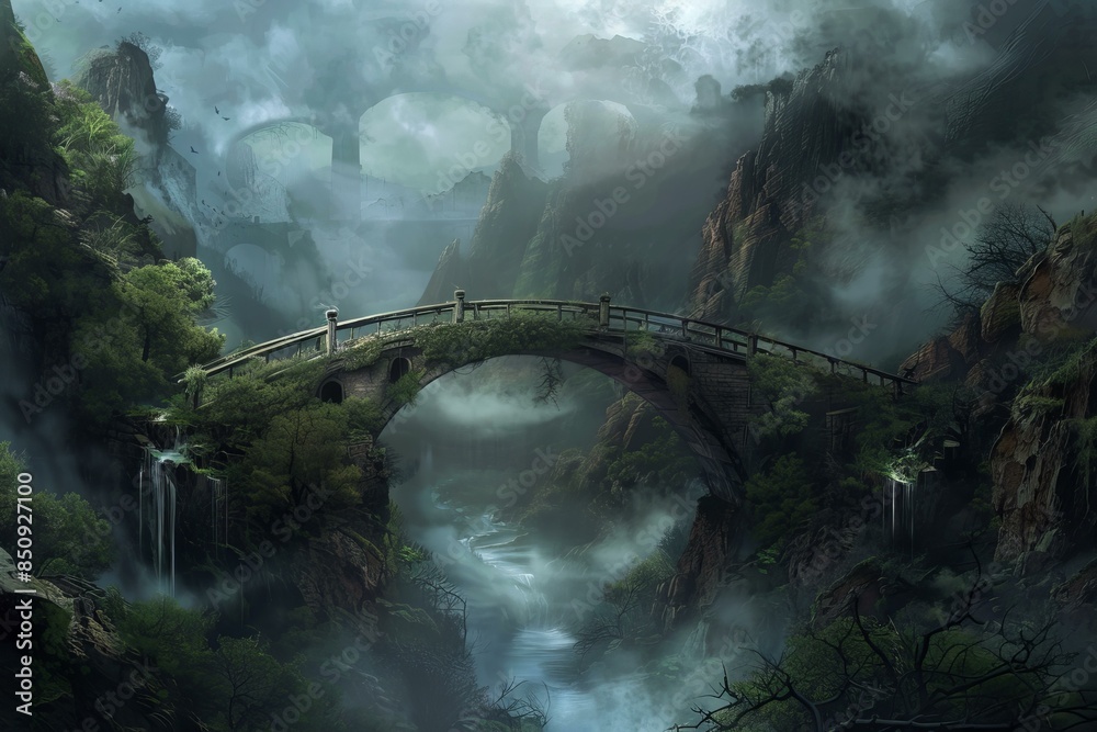 Old stone bridge arches over a misty river in a mystical forest with ...