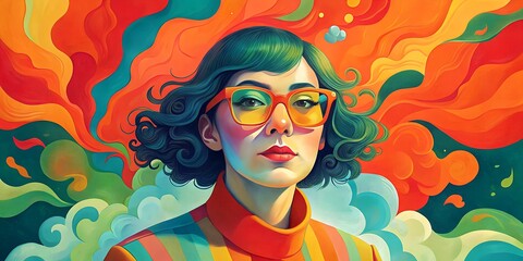 Wall Mural - Portrait art woman in glasses with short hair oil paints art bright red shades generated by AI