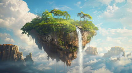 Wall Mural - floating forest island with waterfall, blue sky, concept art