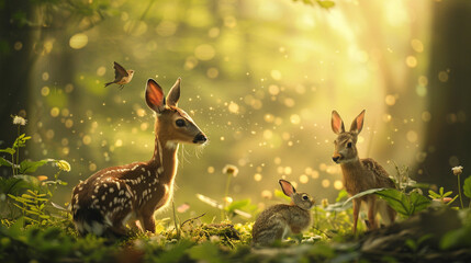 deer, rabbit and bird in the woods, warm light on the forest at the background