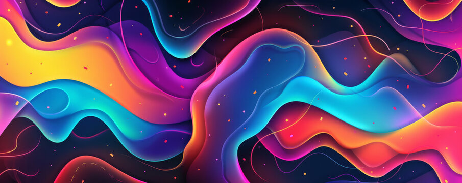 Colorful background with abstract shapes in neon colors against black.