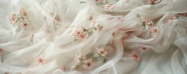 Fabric background with delicate, embroidered flowers on chiffon.