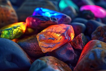 Poster - closeup of multicolored glass pebbles with a luminous glow in low light