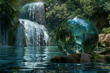 Poster - Serene scene of a lush waterfall captured in transparent sphere on a calm forest water surface