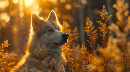 Wall Mural - A beautiful husky dog sitting in the forest, surrounded by tall grasses and flowers, with sunlight filtering through the trees