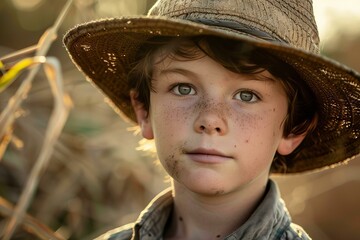 Poster - Closeup of a young boy with freckles wearing a straw hat, backlit by warm sunlight