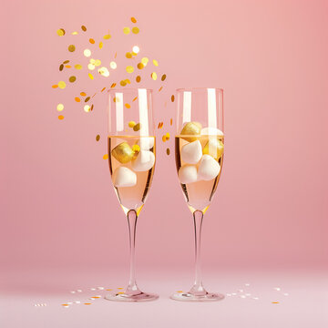 two glasses of champagne with gold stars  floating around.Minimal creative party and drink concept.Flat lay