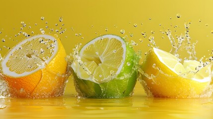 Canvas Print - Juice splash lemon, orange, lime set. Citrus splashig fresh collection realistic vector.