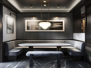 Wall Mural - Stylish charcoal minimalist dining bench in a contemporary dining room with elegant lighting and sleek finishes, offering a refined dining experience