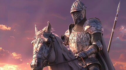 One medieval knight in metal armor and helmet on horseback. Reconstruction of a historical character. An armed rider from the past. Illustration for banner, poster, cover, brochure or presentation.