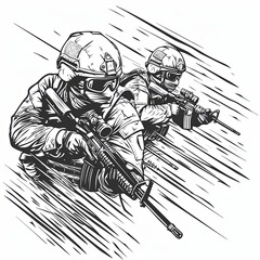 Group of soldiers in full combat gear standing together with weapons. Servicemen of a private military company. Brothers in arms. Participants of combat operations. Black and white illustration.