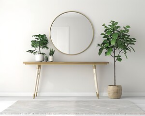 Poster - Stylish entryway with a minimalist console table, round gold mirror, and potted green plant, complemented by a light grey rug