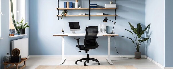 Poster - Stylish home office with a white standing desk, ergonomic black chair, and wall-mounted wood shelves, set against a pale blue wall