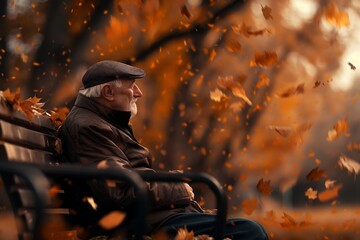 Wall Mural - A captivated wise old man sitting on a rustic wooden bench under a large tree with leaves falling