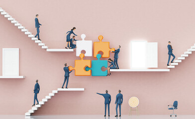 Wall Mural - Successful business people work together with puzzles, business concept illustration representing achievement, growth and successful career journey. 3D rendering