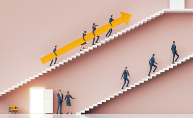 Wall Mural - Successful business people caring up big arrow, business concept illustration representing achievement, growth and successful career journey. 3D rendering