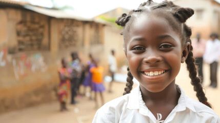 Wall Mural - A happy schoolgirl from an African tribe goes to a poor school. A schoolgirl from Africa against the backdrop of a school and students. Problems of education.