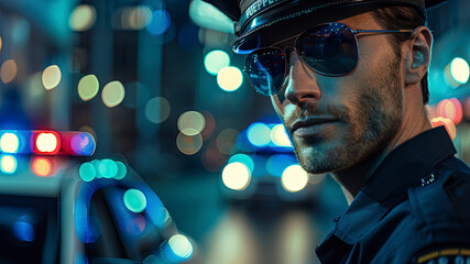 Wall Mural - close up of a police worker on background, police worker face, portrait of a federal worker