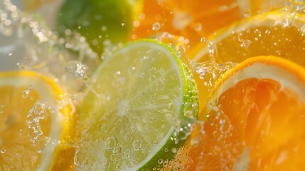 Wall Mural - Juice splash lemon, orange, lime set. Citrus splashig fresh collection realistic vector.