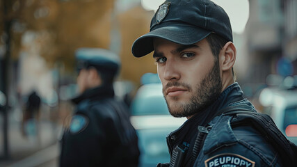 Wall Mural - close up of a police worker on background, police worker face, portrait of a federal worker