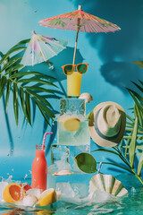 Wall Mural -  beach-themed photo shoot with a tropical aesthetic, showcasing sunglasses, hats, an umbrella, palm leaves, seashells, waves splashing against a pastel blue wall, and a bottle of juice on ice cubes.

