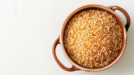 Wall Mural - Uncooked hulled brown rice in a ceramic pot on a white background from above