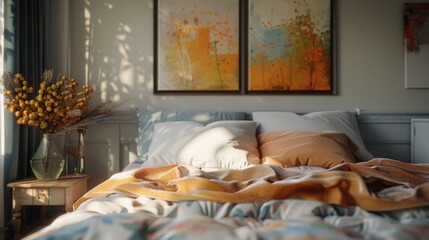 Wall Mural - A cozy bedroom scene featuring a bed with a blanket and a vase of flowers