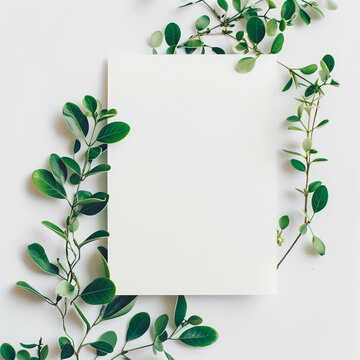 A white card with a green leaf pattern background in a flat lay, top view with a minimalist style. Copy space available for text and company logo.