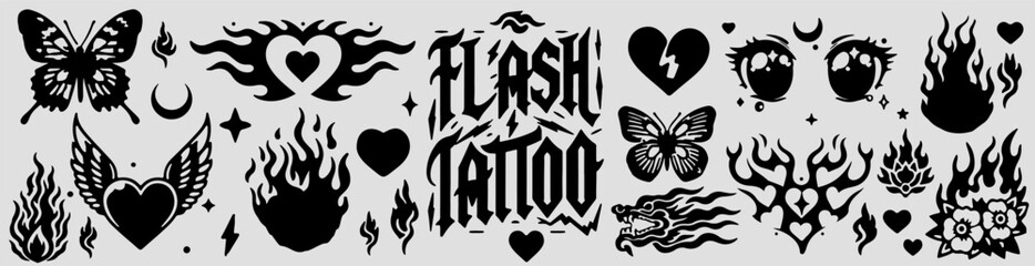 Aufkleber - Set of emocore Y2K style flash tattoos with trendy graphic images of flames, ornaments, hearts, butterflies and other designs.