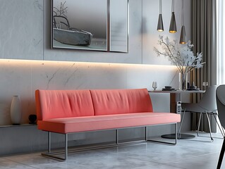 Wall Mural - Sophisticated coral pink minimalist dining bench in a contemporary dining room with sleek lines and soft cushioning, providing a stylish seating solution