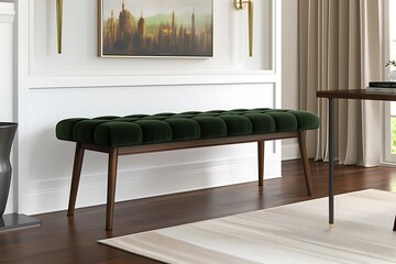 Wall Mural - Sophisticated forest green minimalist dining bench in a contemporary dining room with sleek lines and soft cushioning, offering comfortable seating