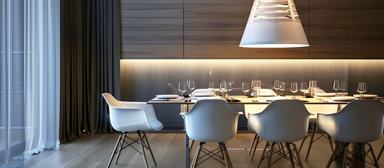 Wall Mural - Sophisticated ivory white minimalist pendant lamp in a contemporary dining room with sleek lines and adjustable height, providing a stylish focal point