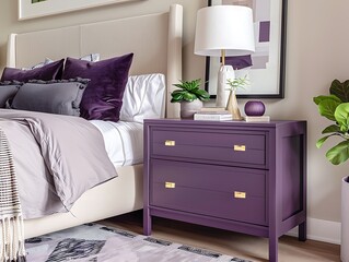 Wall Mural - Stylish amethyst purple minimalist nightstand in a serene bedroom with clean lines and ample storage, providing a stylish and functional piece