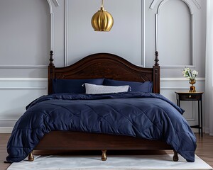Wall Mural - Stylish bedroom with a dark wood bed frame, navy blue bedding, and a gold pendant light, set against a light grey wall