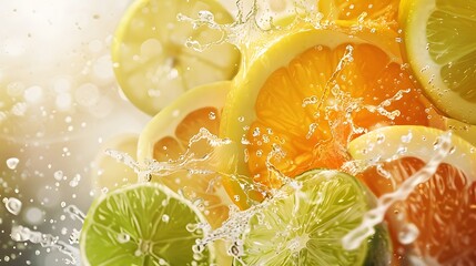 Wall Mural - Juice splash lemon, orange, lime set. Citrus splashig fresh collection realistic vector.