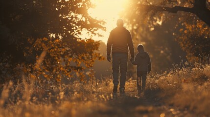 Wall Mural - A father and son strolling through a lush green meadow, enjoying quality time together