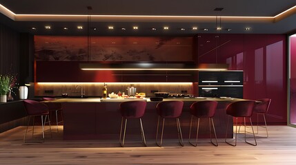 Wall Mural - Stylish burgundy minimalist kitchen island in a contemporary kitchen with elegant lighting and sleek finishes, offering a refined dining experience