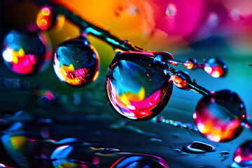 Poster - A close-up of several crystal clear water droplets clinging to a green stem. The water droplets reflect the soft light and blur the background slightly.