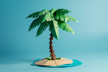 Wall Mural - A simple palm tree with green leaves at the top and brown trunk at its base. A 3D paper illustration of an island in a blue background.