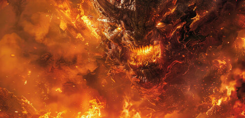 A fiery monster with a mouth full of teeth is shown in a fiery background